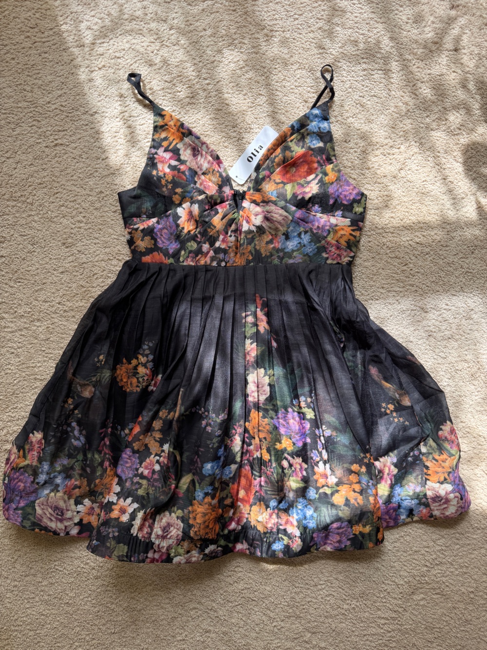 Black Floral Pleated Fit & Flare Dress